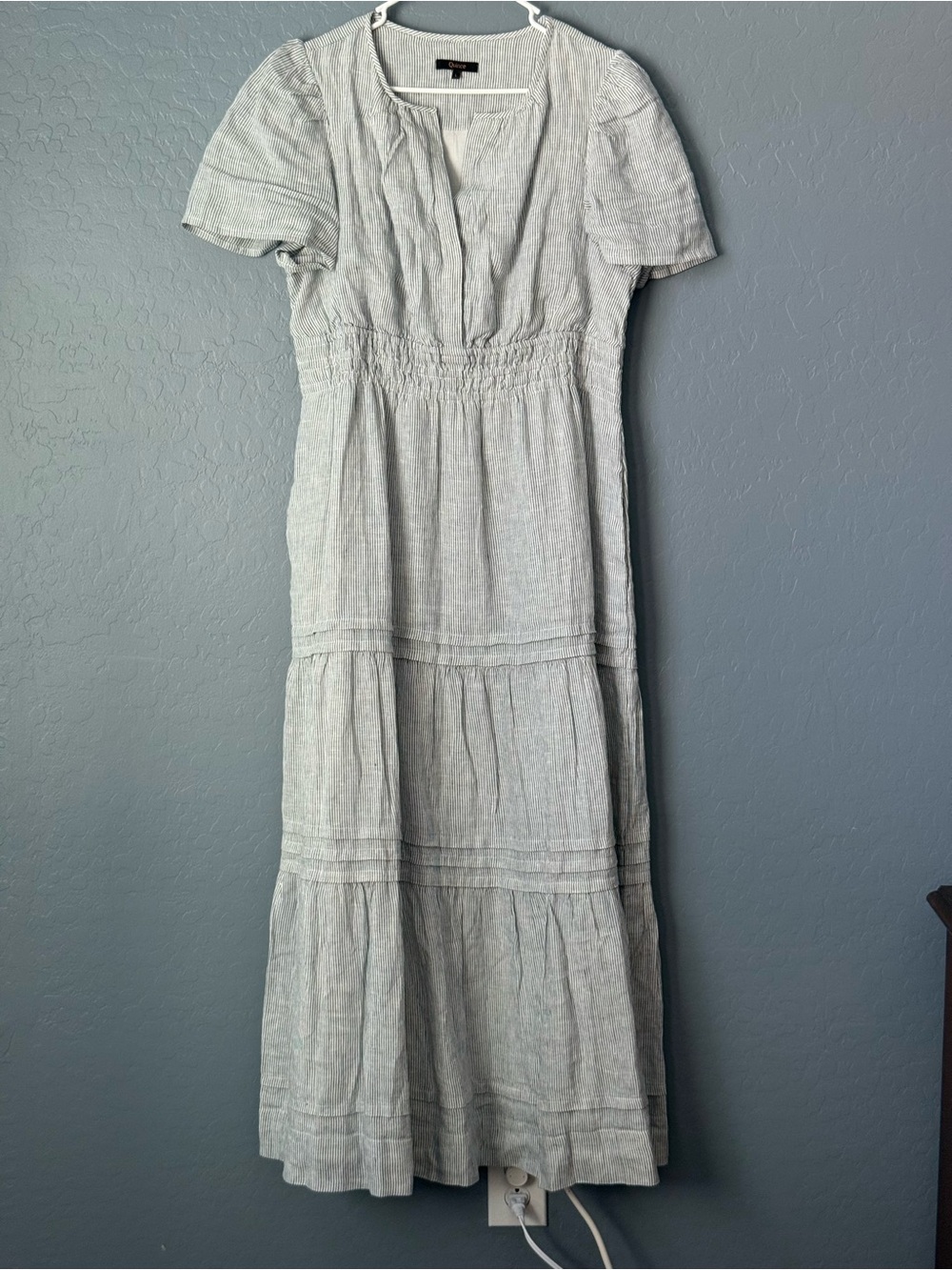 Quince Linen Light Gray Tiered Short-Sleeve Maxi Dress - Large